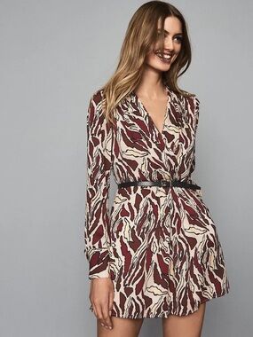 Reiss Burgundy and Cream Abstract Print V-Neck Mini Dress